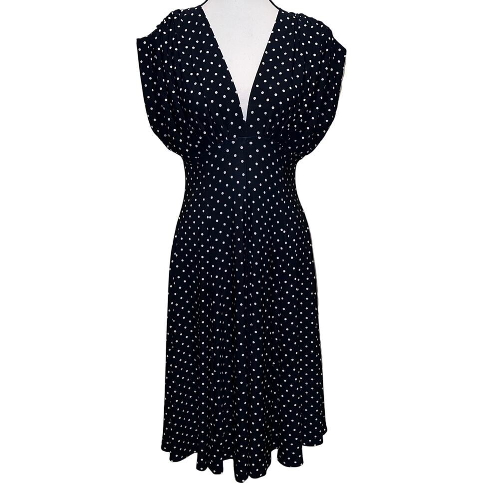 Norma Kamali Polka Dot Swing Dress Black White V-Neck Midi Flared A-Line Size L - Picture 2 of 12